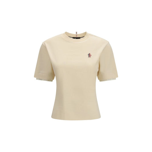 Activewear T-Shirt by Moncler Grenoble for women in cotton beige presents a kinetic silhouette, showcasing the kinetic and crew neckline alongside functional reflective for a premium, athletic look.