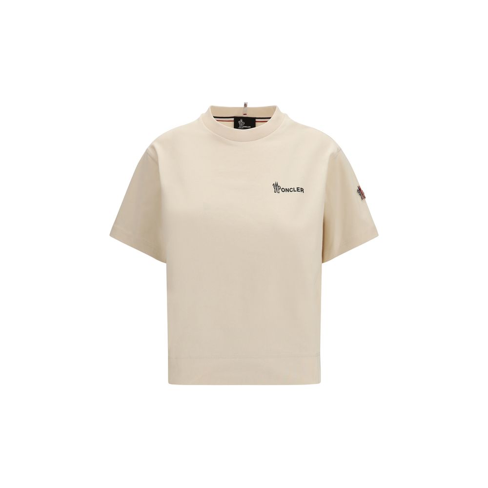 Activewear T-Shirt by Moncler Grenoble for women in cotton beige & print features an ergonomic design with , highlighting a ergonomic short-sleeve length and ergonomic crew neckline for a high-performance look.