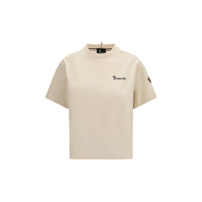 Activewear T-Shirt by Moncler Grenoble for women in cotton beige & print features an ergonomic design with , highlighting a ergonomic short-sleeve length and ergonomic crew neckline for a high-performance look.