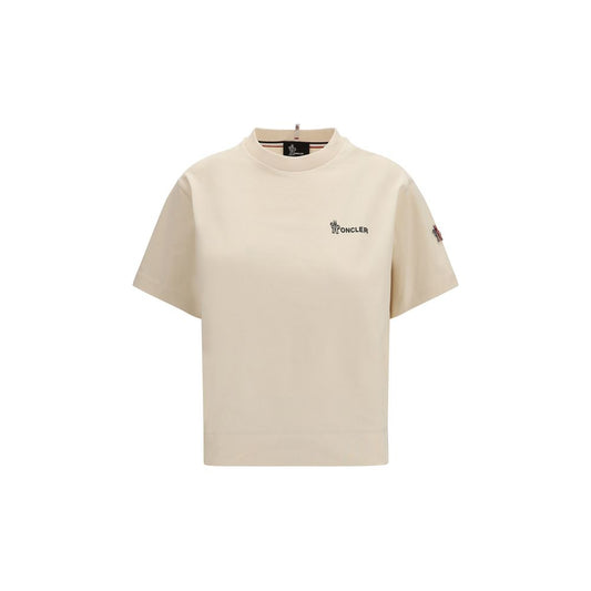 Activewear T-Shirt by Moncler Grenoble for women in cotton beige & print features an ergonomic design with , highlighting a ergonomic short-sleeve length and ergonomic crew neckline for a high-performance look.