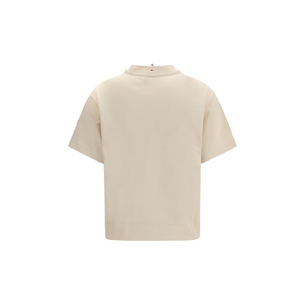 Activewear T-Shirt by Moncler Grenoble for women in cotton beige & print features an athletic silhouette with sleeves and a crew neckline neckline, enhanced by high-performance .