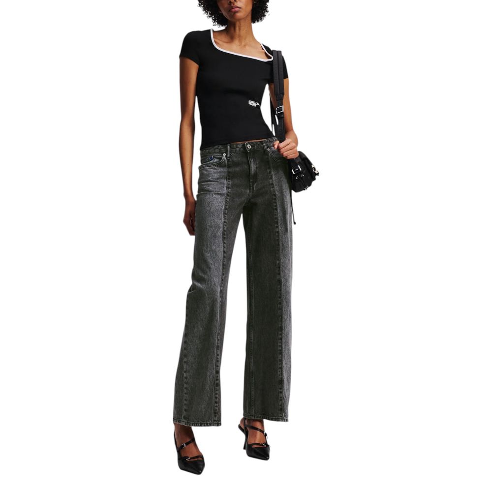 Jeans by Karl Lagerfeld for women in denim cotton black presents a tailored silhouette, showcasing a tailored relaxed-fit & wide and long cut with a refined mid rise for a truly tailored aesthetic.