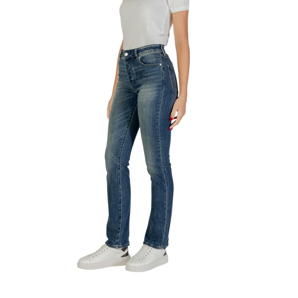 Jeans by Armani Exchange for women in stretch denim cotton blue features a polished silhouette with a polished skinny & slim, reaching a polished long and finished with a polished .