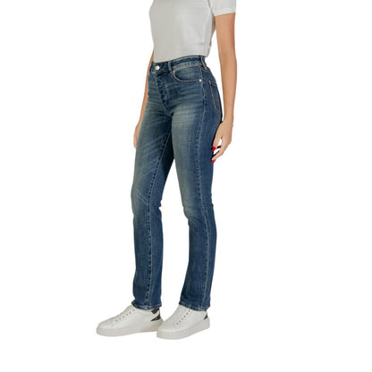 Jeans by Armani Exchange for women in stretch denim cotton blue features a polished silhouette with a polished skinny & slim, reaching a polished long and finished with a polished .