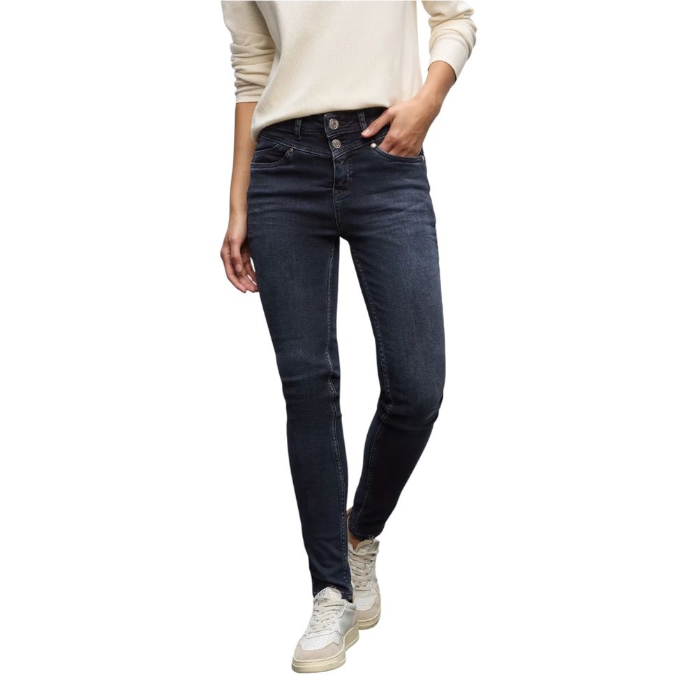 Jeans by Street One for women in stretch denim cotton blue presents a tailored silhouette, showcasing a tailored skinny & slim and long cut with a refined for a truly tailored aesthetic.