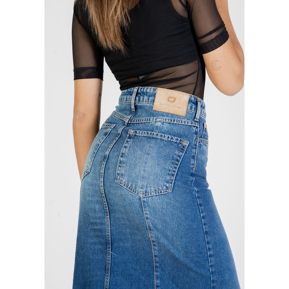 Skirt by Colcci for women in cotton blue & natural showcases a dramatic silhouette, artfully capturing the essence of the Women's Maxi Long Flared High-Rise Cotton Skirt in a dramatic maxi long cut for a refined look.