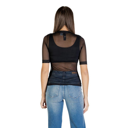 Shirt by Colcci for women in stretch polyester black & transparent features an architectural silhouette with a refined and elegant mandarin neckline for a architectural look.
