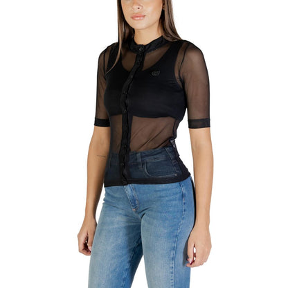 Shirt by Colcci for women in stretch polyester black & transparent presents a discerning silhouette, showcasing a sophisticated mandarin neckline and for a truly discerning finish.