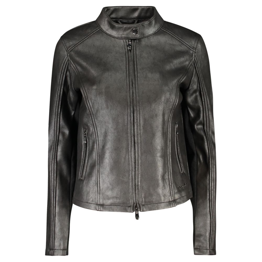 This Jacket by Desigual for women in leather & stretch polyester black & sand showcases a magnificent silhouette, meticulously crafted with a distinctive and functional pockets for a magnificent finish.