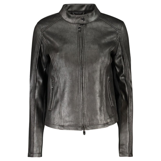 This Jacket by Desigual for women in leather & stretch polyester black & sand showcases a magnificent silhouette, meticulously crafted with a distinctive and functional pockets for a magnificent finish.