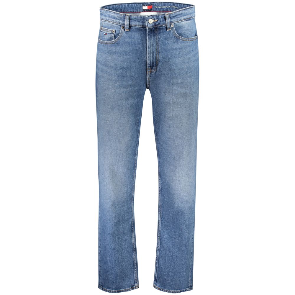 Jeans by Tommy Hilfiger for men in stretch denim cotton blue presents a tailored silhouette, showcasing a tailored tapered-leg & regular-fit and long cut with a refined for a truly tailored aesthetic.