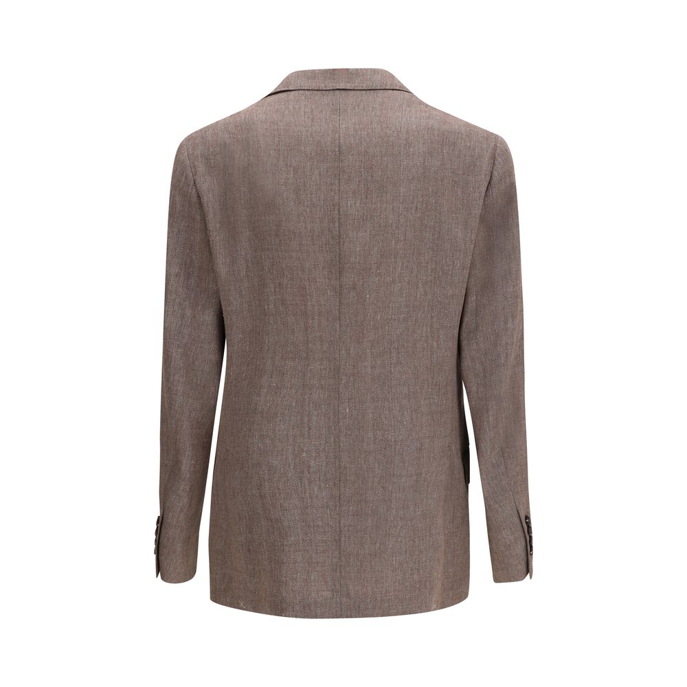Blazer by Brunello Cucinelli for men in linen & wool brown, burgundy & natural showcases a discerning silhouette, elegantly detailed with a sophisticated and premium for a truly discerning finish.