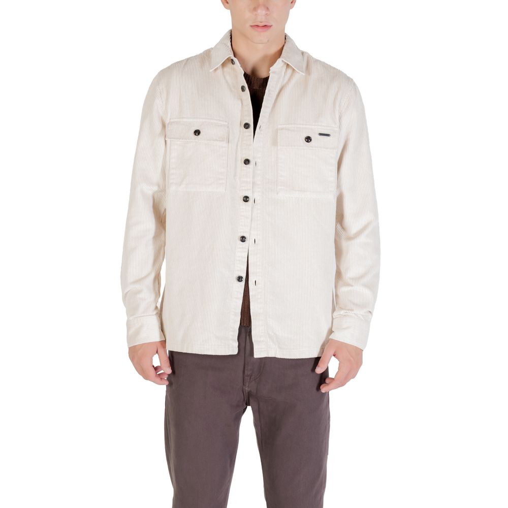 Shirt by Gianni Lupo for men in polyester cotton corduroy cream showcases a sleek silhouette, elegantly detailed with a sleek and for a sleek finish.