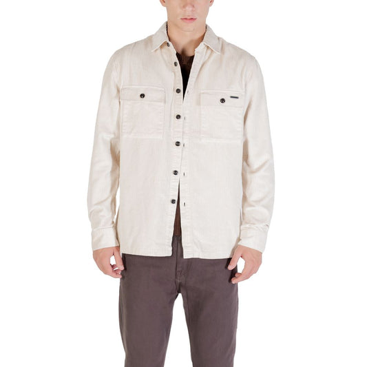 Shirt by Gianni Lupo for men in polyester cotton corduroy cream showcases a sleek silhouette, elegantly detailed with a sleek and for a sleek finish.