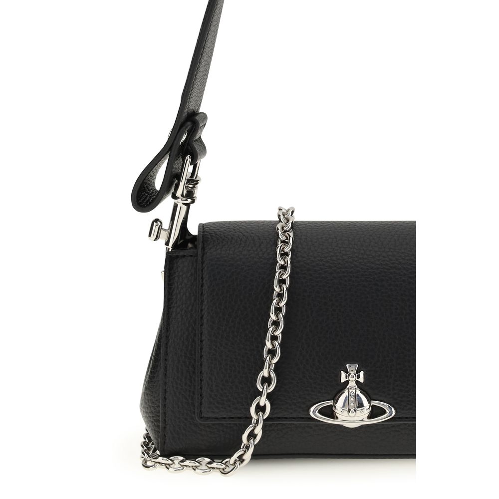 2-in-1 Shoulder & Crossbody Flap Bag by Vivienne Westwood for women in polyester polyurethane tu suede leather black & silver features a effortless sophistication silhouette, secured by a flap with ample and versatile crossbody-strap, shoulder-strap & handle for a effortless sophistication finish.