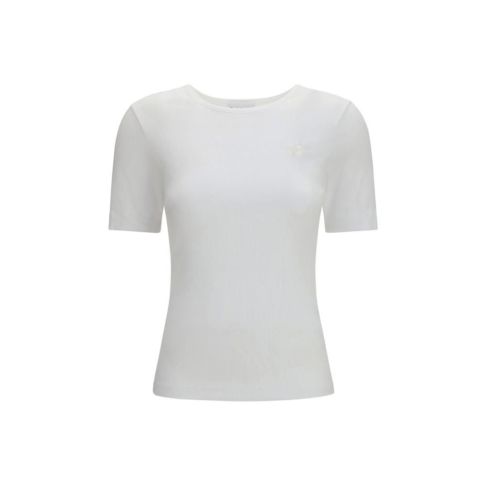 T-Shirt by Ganni for women in stretch cotton white showcases a dramatic silhouette, elegantly detailed with a dramatic crew neckline and short-sleeve for a truly dramatic finish.