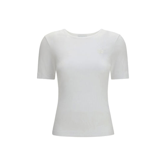 T-Shirt by Ganni for women in stretch cotton white showcases a dramatic silhouette, elegantly detailed with a dramatic crew neckline and short-sleeve for a truly dramatic finish.
