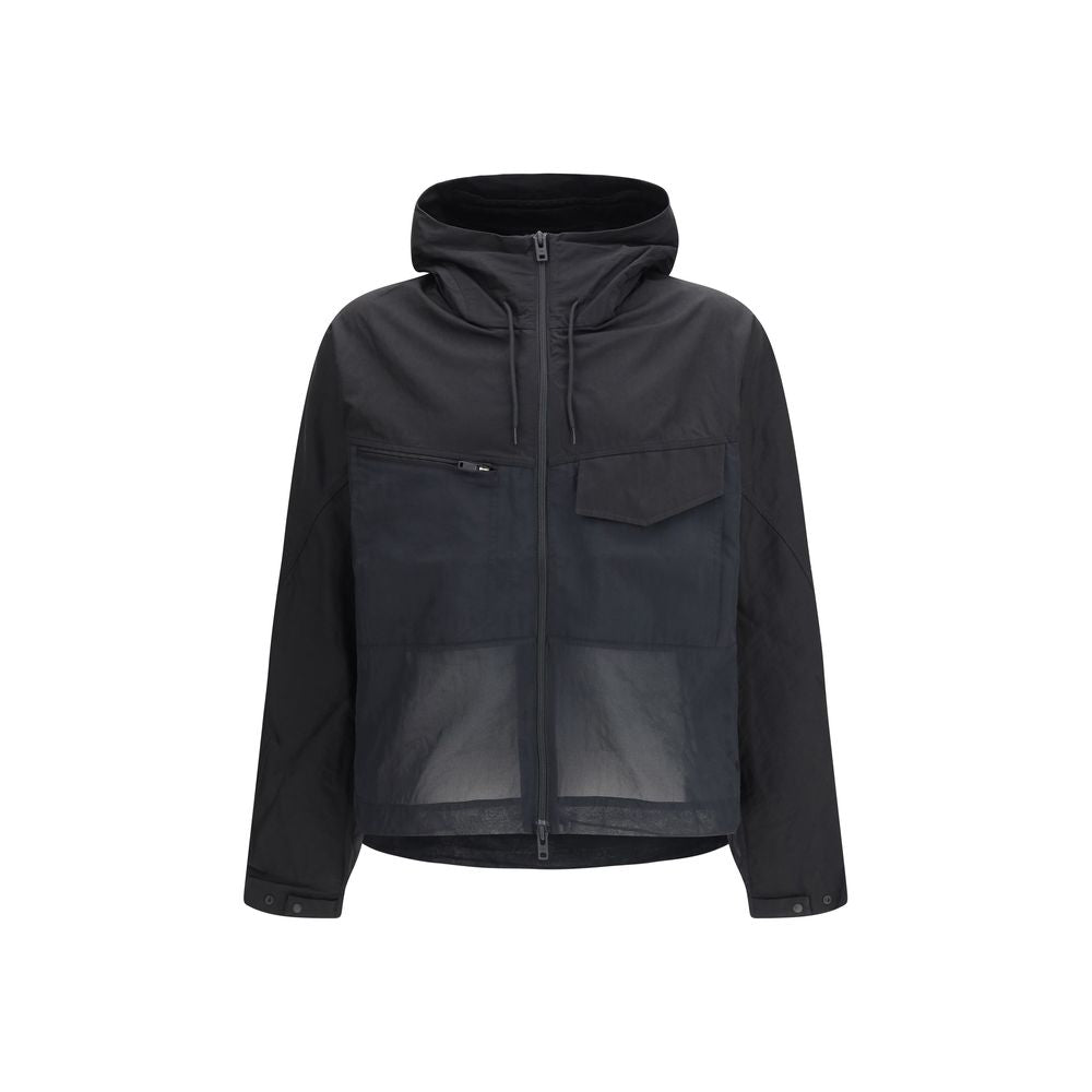 Hooded Windbreaker Jacket by Y-3 for men in cotton nylon satin black showcases a urban chic silhouette, detailed with a urban chic hooded high-neck neckline and functional pockets, hooded & windproof for a polished finish.