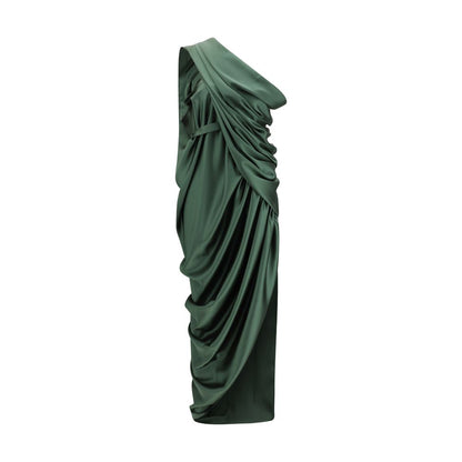 Dress by Vivienne Westwood for women in polyester satin bicolour & green presents a sinuous silhouette, showcasing a sophisticated v-neck neckline and sleeveless detailed with a sinuous midi for a refined finish.