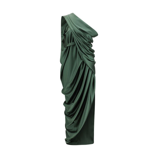 Dress by Vivienne Westwood for women in polyester satin bicolour & green presents a sinuous silhouette, showcasing a sophisticated v-neck neckline and sleeveless detailed with a sinuous midi for a refined finish.