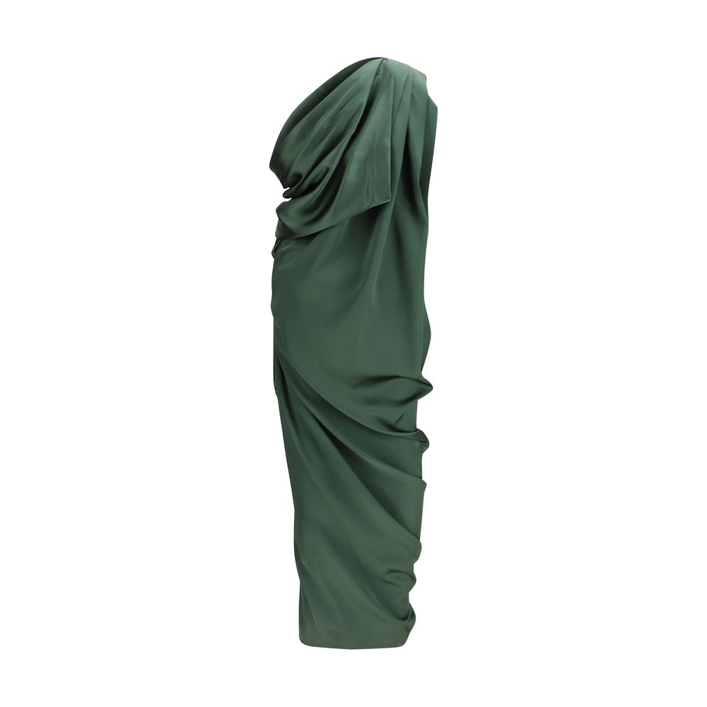 Dress by Vivienne Westwood for women in polyester satin bicolour & green features a dramatic silhouette, showcasing an elegant v-neck neckline and that flows into a dramatic midi.