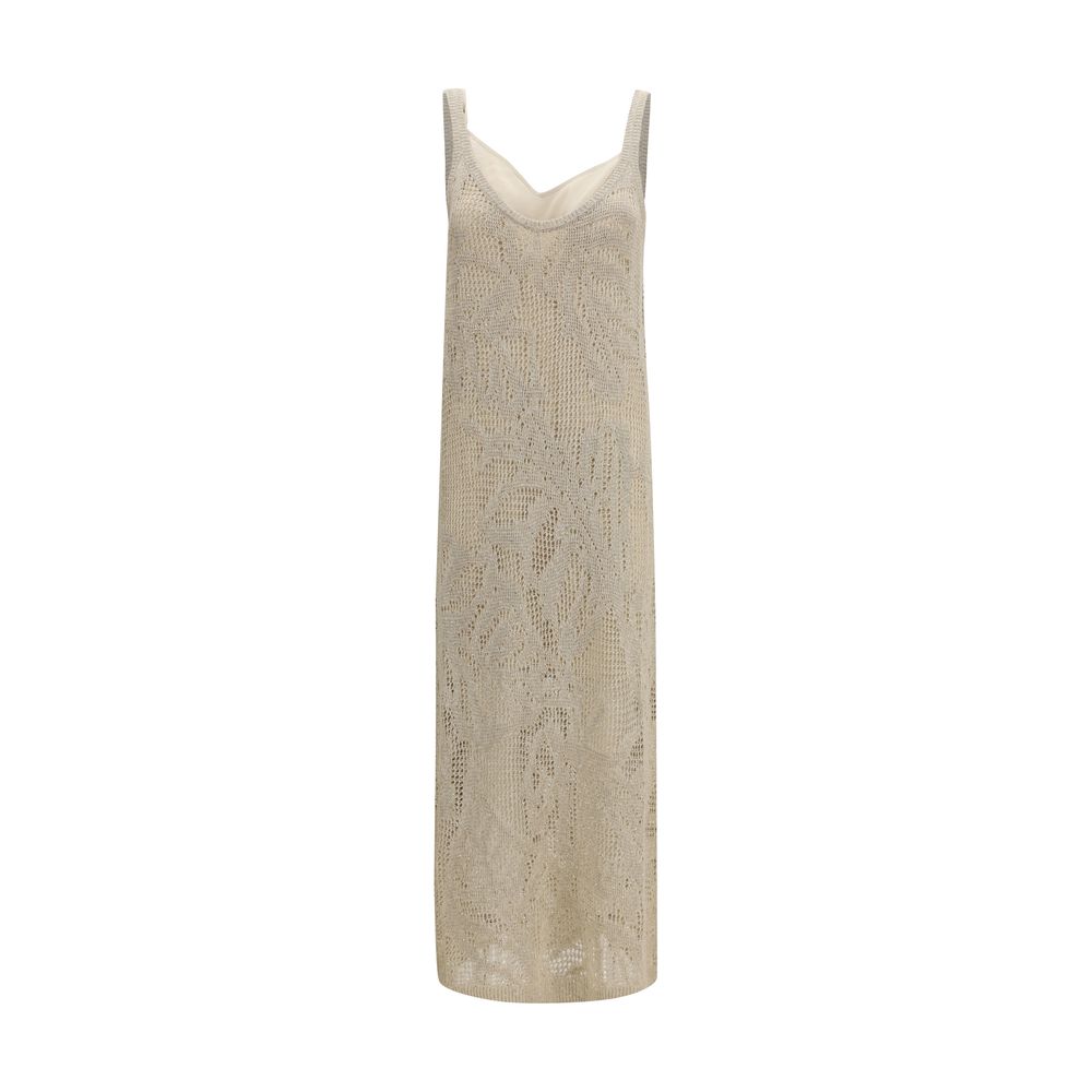 Dress by Brunello Cucinelli for women in cotton linen & sequins beige, patterned & floral features a dramatic silhouette, showcasing an elegant wide-neck neckline and sleeveless that flows into a dramatic long.