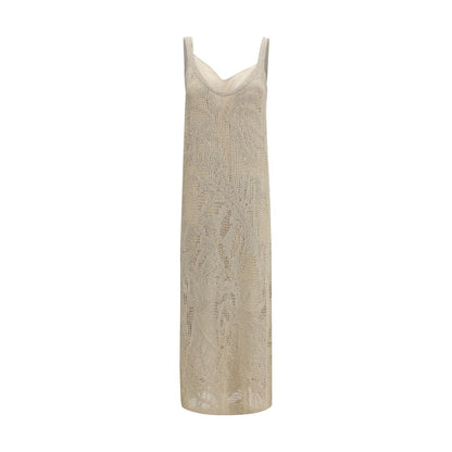 Dress by Brunello Cucinelli for women in cotton linen & sequins beige, patterned & floral features a dramatic silhouette, showcasing an elegant wide-neck neckline and sleeveless that flows into a dramatic long.