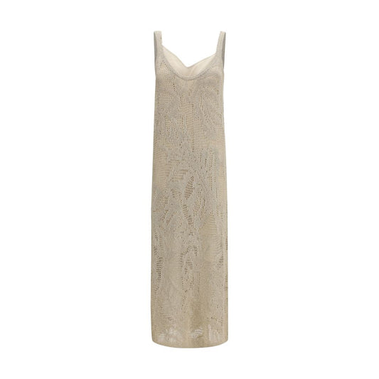 Dress by Brunello Cucinelli for women in cotton linen & sequins beige, patterned & floral features a dramatic silhouette, showcasing an elegant wide-neck neckline and sleeveless that flows into a dramatic long.