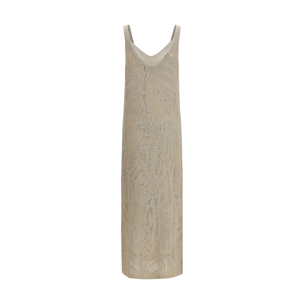 Dress by Brunello Cucinelli for women in cotton linen & sequins beige, patterned & floral features an magnificent silhouette, artfully detailed with a magnificent wide-neck neckline and that flows into an magnificent long.