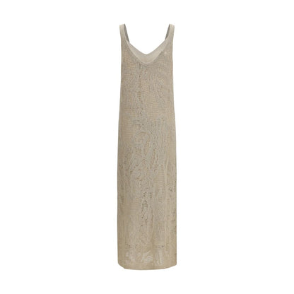 Dress by Brunello Cucinelli for women in cotton linen & sequins beige, patterned & floral features an magnificent silhouette, artfully detailed with a magnificent wide-neck neckline and that flows into an magnificent long.