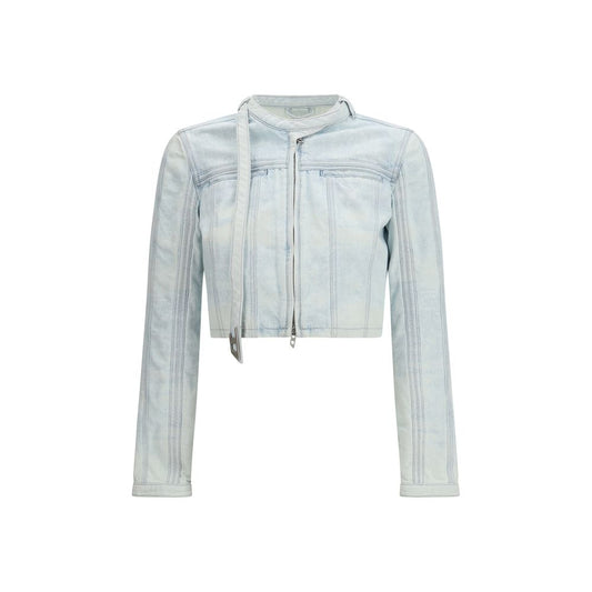 This Jacket by Diesel for women in cotton denim hemp & embossed leather blue, gray, transparent & signature showcases a magnificent silhouette, meticulously crafted with a distinctive round neckline and functional pockets for a magnificent finish.