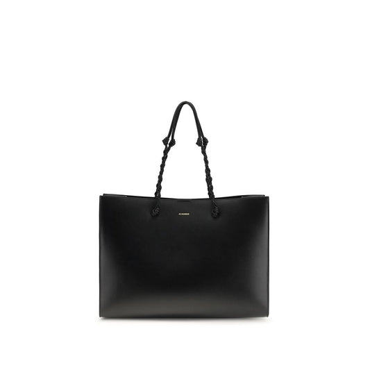 Tote Shoulder Bag by Jil Sander for women in bos taurus calf leather black & signature presents a versatile silhouette, showcasing a secure magnetic & button and versatile with versatile handle for a sophisticated look.