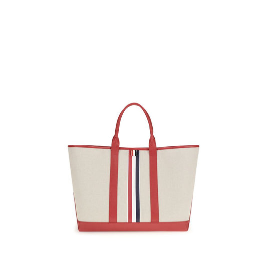 Large Tote Shoulder Bag by Thom Browne for men in cotton canvas & bos taurus calfskin leather black, multicolor, red, white, signature & striped features a effortless chic silhouette with a secure , ample , and versatile handle for a effortless chic finish.