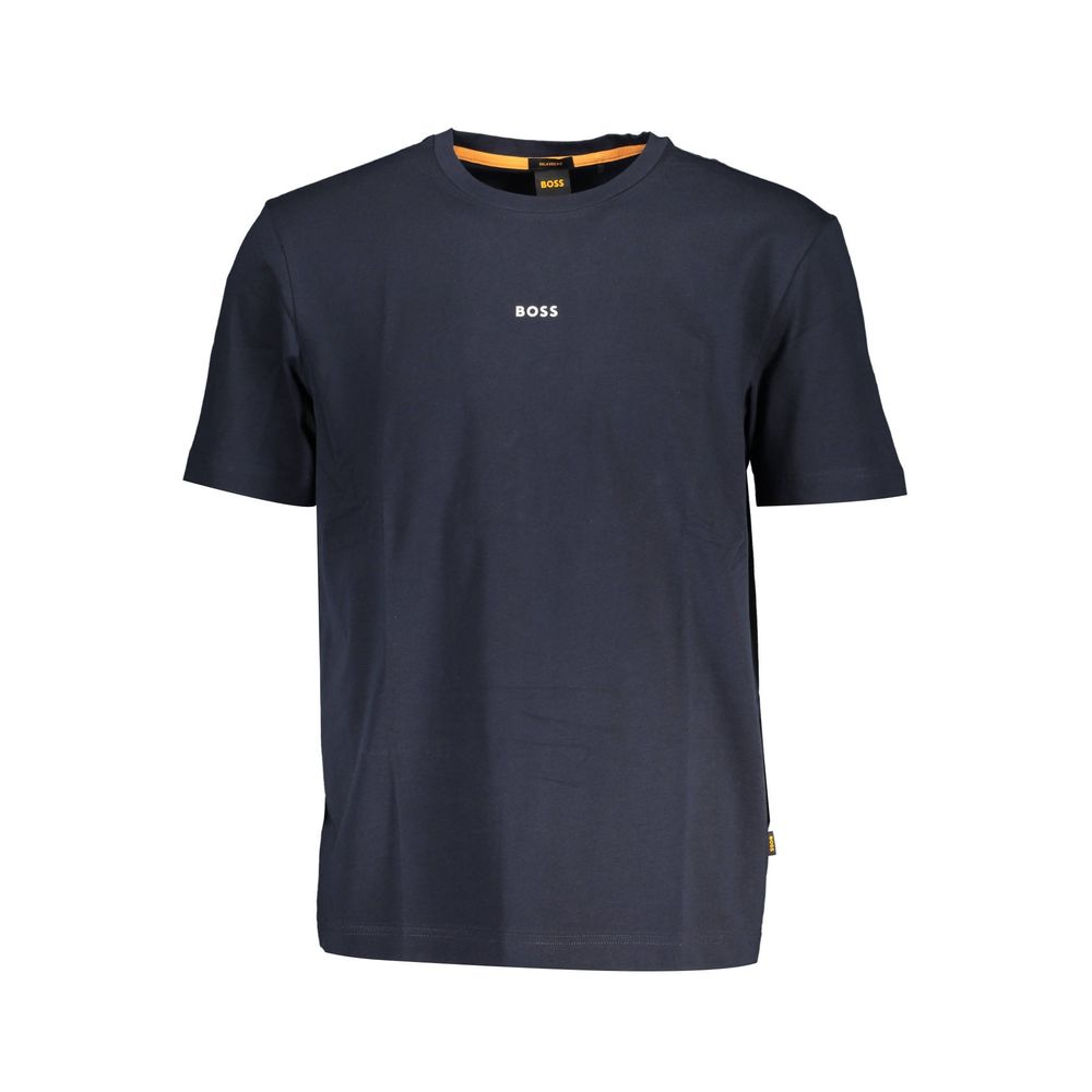 T-Shirt by Hugo Boss for men in stretch organic cotton blue showcases a unassuming silhouette, artfully detailed with a refined and unassuming for a sophisticated, contemporary look.