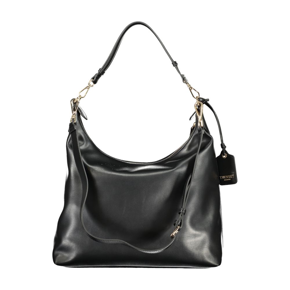 Mini Evening Crescent Handbag by Twinset for women in polyethylene black & signature features a ornamental silhouette, showcasing a secure zipper, ample document-holder & internal-pockets, and ornamental shoulder-strap, adjustable-strap & handle for a sophisticated look.
