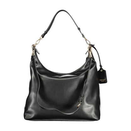 Mini Evening Crescent Handbag by Twinset for women in polyethylene black & signature features a ornamental silhouette, showcasing a secure zipper, ample document-holder & internal-pockets, and ornamental shoulder-strap, adjustable-strap & handle for a sophisticated look.