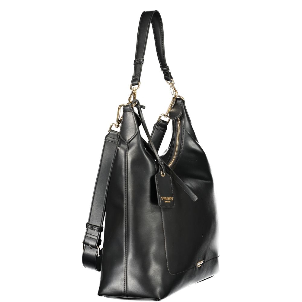 This Mini Evening Crescent Handbag by Twinset for women in polyethylene and black & signature presents a sculptural silhouette featuring a secure zipper, ample document-holder & internal-pockets, and versatile shoulder-strap, adjustable-strap & handle for a sculptural finish.