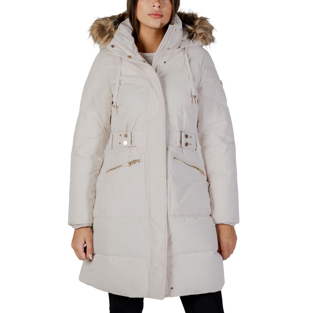 Hooded Overcoat by Guess for women in polyester faux fur cream showcases a architectural silhouette, artfully detailed with a distinctive hooded neckline and functional lightweight, pockets, hooded & insulated for a architectural finish.