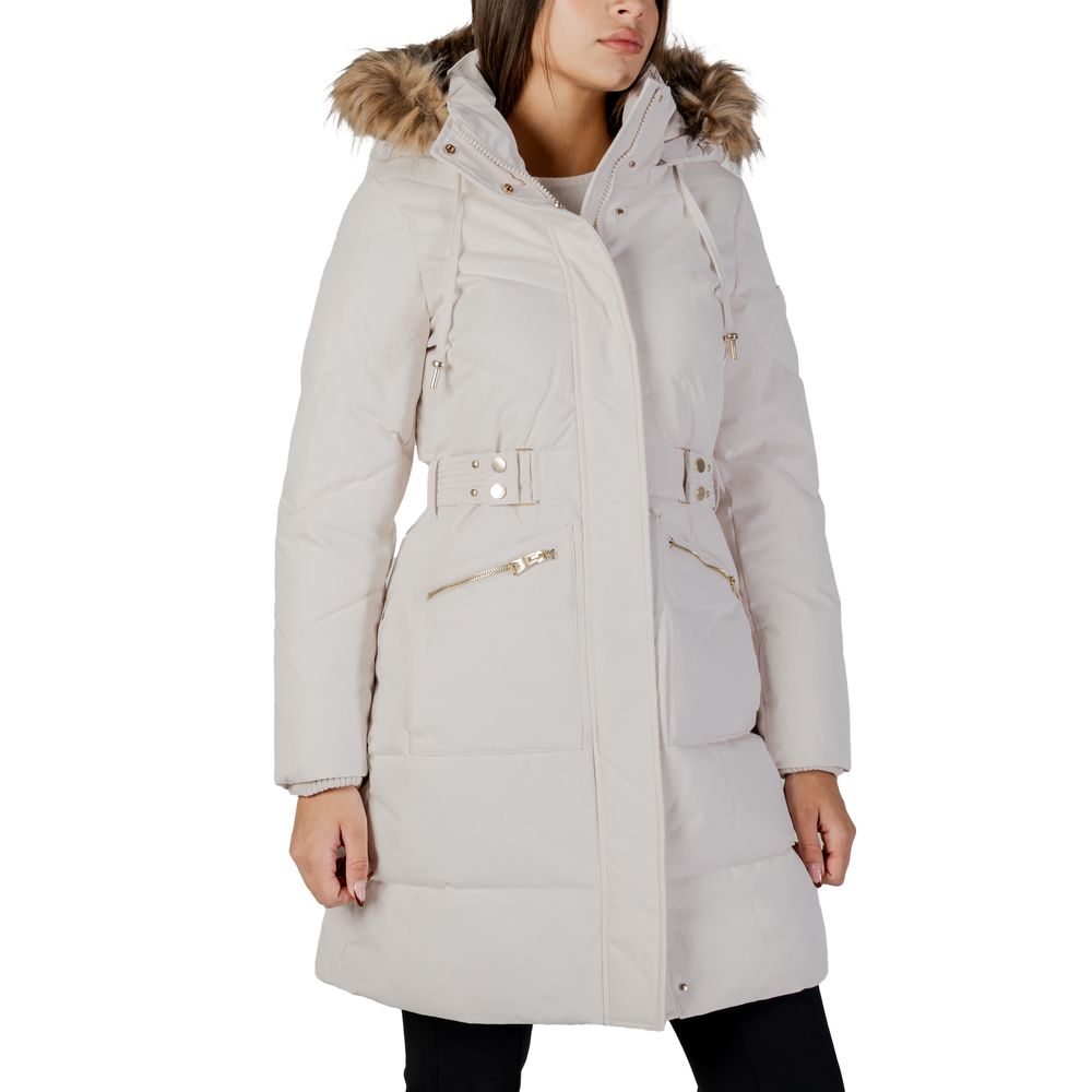 Hooded Overcoat by Guess for women in polyester faux fur cream presents a luxurious silhouette, showcasing a luxurious hooded neckline and sophisticated lightweight, pockets, hooded & insulated for a premium, luxurious look.