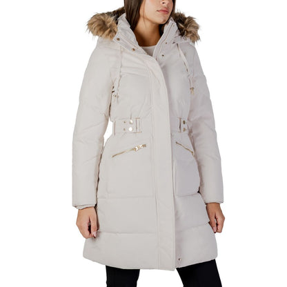 Hooded Overcoat by Guess for women in polyester faux fur cream presents a luxurious silhouette, showcasing a luxurious hooded neckline and sophisticated lightweight, pockets, hooded & insulated for a premium, luxurious look.