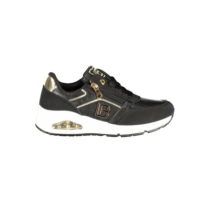Athletic Sneakers by Laura Biagiotti for women in polyester & polyurethane black & signature presents a sleek silhouette, perfectly capturing the athletic style essence of Women's Athletic Polyester & Polyurethane Sneakers with its sleek design and premium finish.