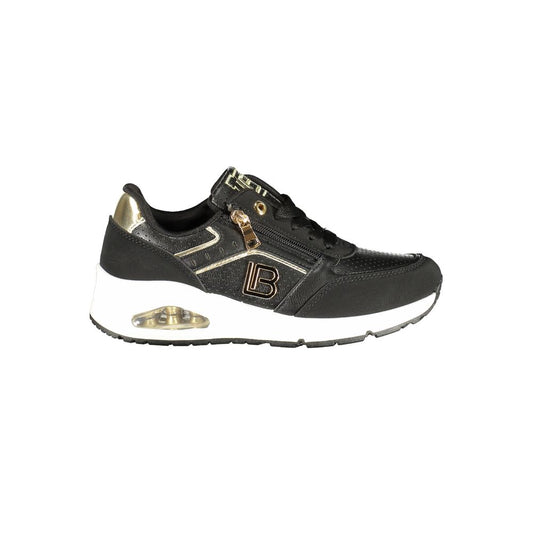 Athletic Sneakers by Laura Biagiotti for women in polyester & polyurethane black & signature presents a sleek silhouette, perfectly capturing the athletic style essence of Women's Athletic Polyester & Polyurethane Sneakers with its sleek design and premium finish.