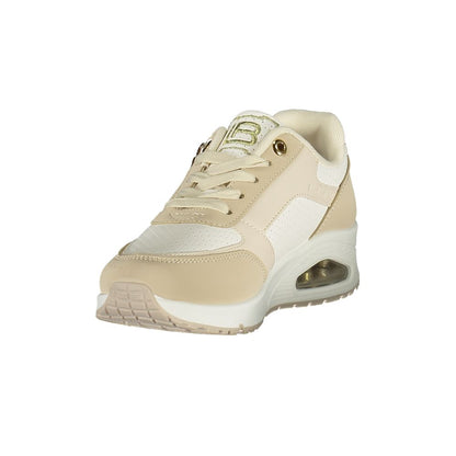 Athletic Sneakers by Laura Biagiotti for women in polyester & polyurethane beige features an architectural silhouette, showcasing the premium athletic style of the Women's Athletic Polyester & Polyurethane Sneakers with an architectural finish.