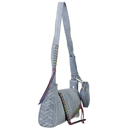 This Shoulder Handbag by Desigual for women in denim cotton and azzurro & signature presents a sculptural silhouette featuring a secure zipper & magnetic, ample cardholder & coin-purse, and versatile shoulder-strap for a sculptural finish.