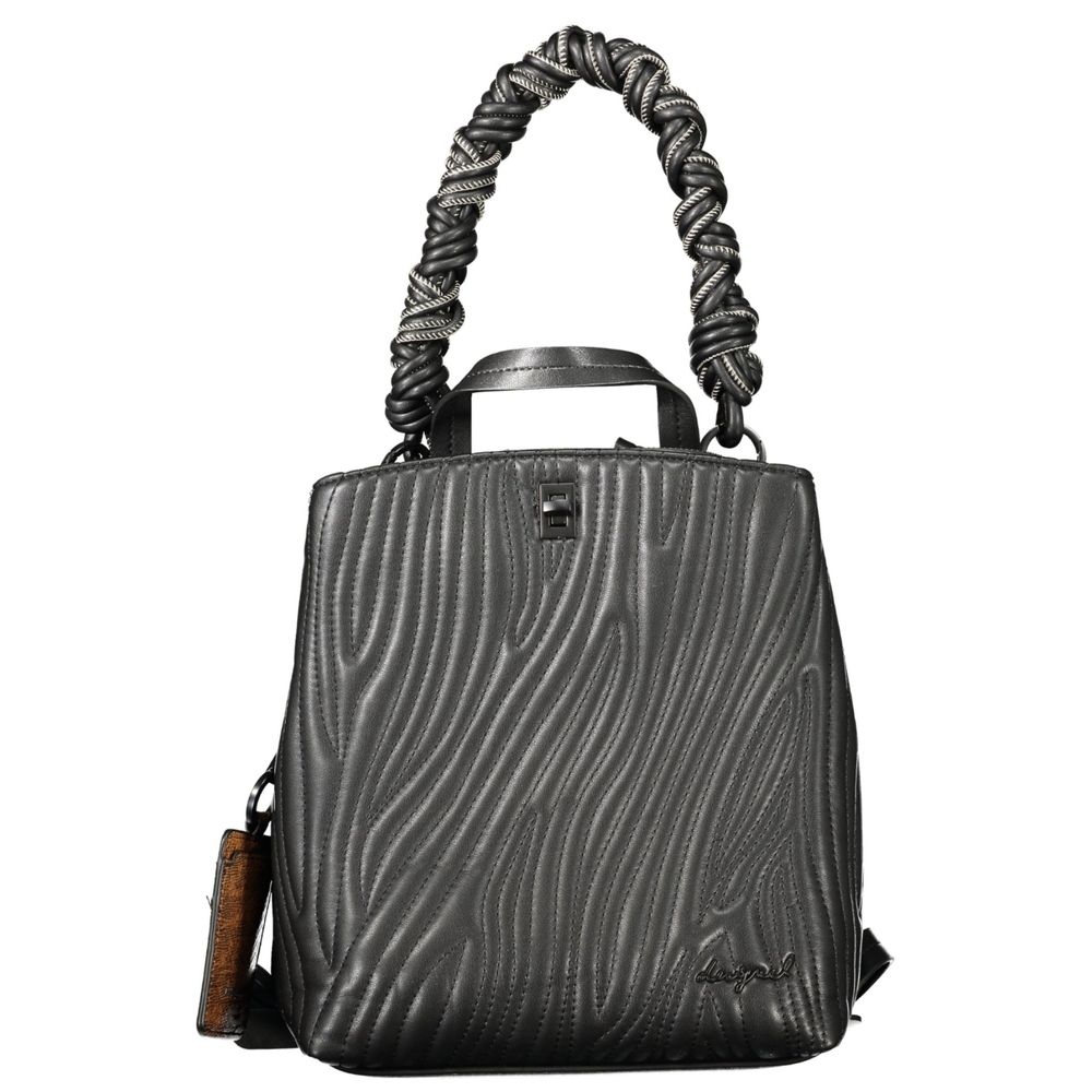 Mini Backpack by Desigual for women in polyurethane black features an stately silhouette from the Ecru Helium Trokel Polyurethane Mini Backpack range, with a secure zipper & magnetic, ample internal-pockets, and versatile shoulder-strap, backpack-strap, adjustable-strap, detachable-strap & handle.