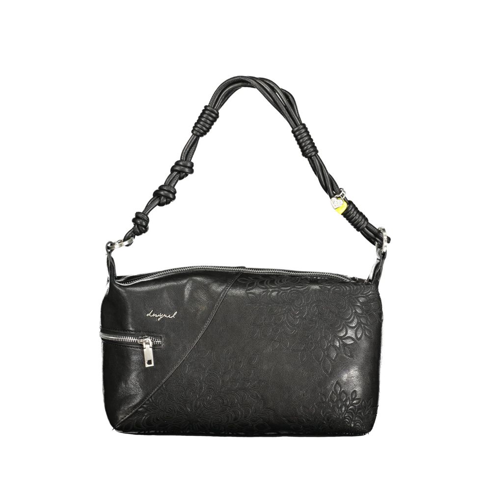 Handbag by Desigual for women in polyethylene black & signature features a ornamental silhouette, showcasing a secure zipper, ample external-pockets, internal-pockets & cardholder, and ornamental shoulder-strap, adjustable-strap & handle for a sophisticated look.