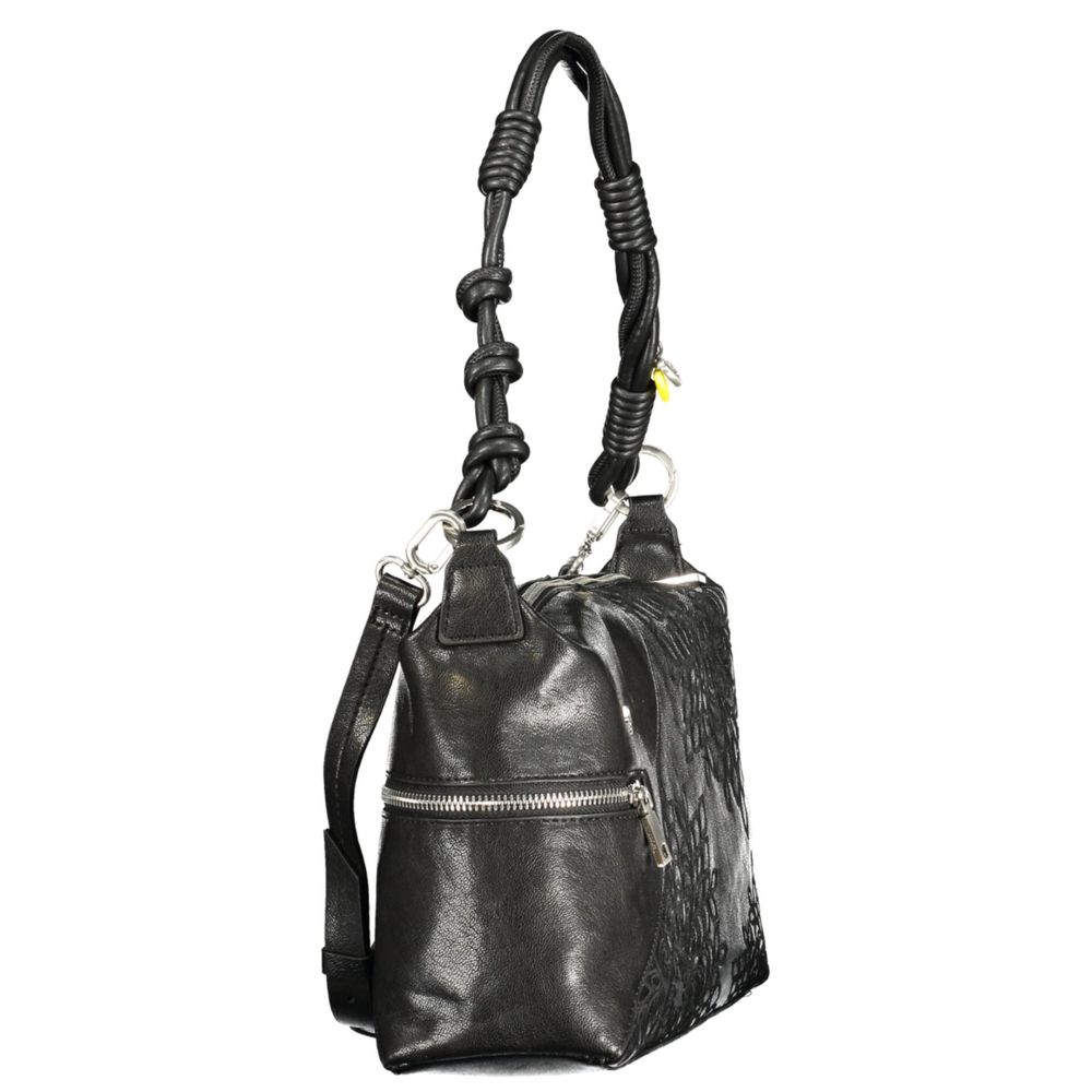This Handbag by Desigual for women in polyethylene and black & signature presents a sculptural silhouette featuring a secure zipper, ample external-pockets, internal-pockets & cardholder, and versatile shoulder-strap, adjustable-strap & handle for a sculptural finish.