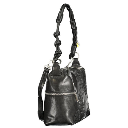 This Handbag by Desigual for women in polyethylene and black & signature presents a sculptural silhouette featuring a secure zipper, ample external-pockets, internal-pockets & cardholder, and versatile shoulder-strap, adjustable-strap & handle for a sculptural finish.