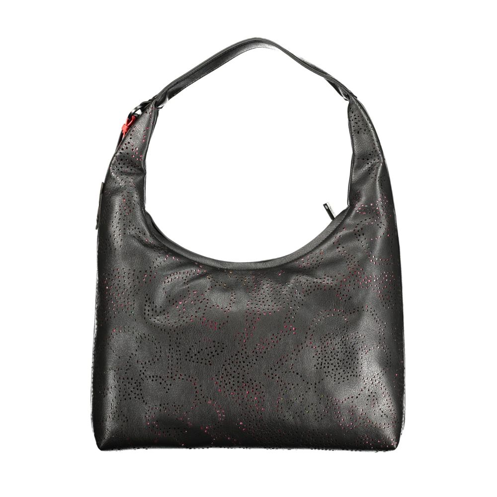 This Evening Shoulder Handbag by Desigual for women in polyethylene and black presents a sculptural silhouette featuring a secure zipper, ample internal-pockets & cardholder, and versatile shoulder-strap & handle for a sculptural finish.