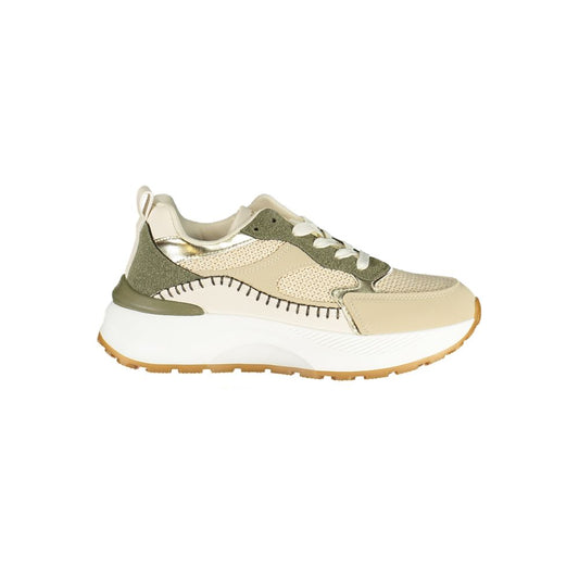 Athletic Sneakers by Laura Biagiotti for women in polyester beige, gold & green presents a sleek silhouette, perfectly capturing the athletic style essence of Women's Athletic Polyester Sneakers with its sleek design and premium finish.